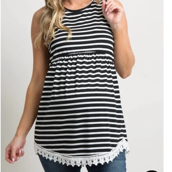 NEW PinkBlush Black Stripped Sleeveless Peplum Maternity Tunic - Picture 2 of 10
